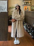 DERMEARNE Long Winter Coat Women Faux Mink Fur Turn Down Collar Fluffy Jackets Double Breasted Fashion Plush Coats Loose Warm Outerwears