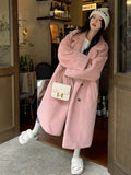 DERMEARNE Long Winter Coat Women Faux Mink Fur Turn Down Collar Fluffy Jackets Double Breasted Fashion Plush Coats Loose Warm Outerwears