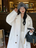 DERMEARNE Long Winter Coat Women Faux Mink Fur Turn Down Collar Fluffy Jackets Double Breasted Fashion Plush Coats Loose Warm Outerwears