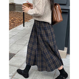 DERMEARNE MEXZT Vintage Plaid Midi Skirts Women Harajuku Woolen A Ine Skirt Winter Ladies Streetwear Korean High Waist Casual Faldas New