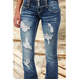 DERMEARNE Mid Waist Flared Jeans Women Button Casual Straight Leg Pants New 2024 Summer Pocket Hole Female Loose Office Lady Slim Pants