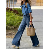 DERMEARNE Modigirl Womens Casual Blue Jeans Pants Autumn Spring Vintage Bottoms with Pockets Woman High-Waisted Straight Leg Denim Pants