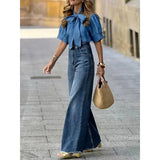 DERMEARNE Modigirl Womens Casual Blue Jeans Pants Autumn Spring Vintage Bottoms with Pockets Woman High-Waisted Straight Leg Denim Pants
