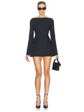 DERMEARNE Mozision Double Bow Long Sleeve Sexy Mini Dress For Women Autumn Winter New Solid High Waist Bodycon Club Party Dress Elegant