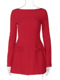 DERMEARNE Mozision Double Bow Long Sleeve Sexy Mini Dress For Women Autumn Winter New Solid High Waist Bodycon Club Party Dress Elegant
