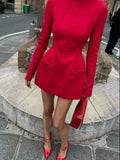 DERMEARNE Mozision Double Bow Long Sleeve Sexy Mini Dress For Women Autumn Winter New Solid High Waist Bodycon Club Party Dress Elegant
