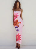DERMEARNE Mozision Floreal Print Long Dress For Women Gown Summer New Spaghetti Strap Sleeveless Backless Bodycon Sexy Midi Dress Elegant