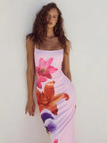DERMEARNE Mozision Floreal Print Long Dress For Women Gown Summer New Spaghetti Strap Sleeveless Backless Bodycon Sexy Midi Dress Elegant