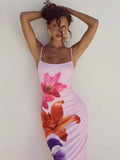 DERMEARNE Mozision Floreal Print Long Dress For Women Gown Summer New Spaghetti Strap Sleeveless Backless Bodycon Sexy Midi Dress Elegant