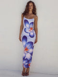 DERMEARNE Mozision Floreal Print Long Dress For Women Gown Summer New Spaghetti Strap Sleeveless Backless Bodycon Sexy Midi Dress Elegant