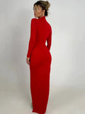 DERMEARNE Mozision Mesh Patchwork Sexy Maxi Dress Women Hollow Out O Neck Long Sleeve Thigh High Split Bodycon Long Dress Femme Elegant