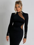 DERMEARNE Mozision Mesh Patchwork Sexy Maxi Dress Women Hollow Out O Neck Long Sleeve Thigh High Split Bodycon Long Dress Femme Elegant