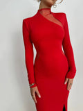 DERMEARNE Mozision Mesh Patchwork Sexy Maxi Dress Women Hollow Out O Neck Long Sleeve Thigh High Split Bodycon Long Dress Femme Elegant