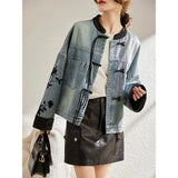 DERMEARNE New Chinese Style Stand Collar Denim Jackets 2024 Spring  Embroidery Coat Women Y2k E-Girl Long Sleeve Loose Tops Mujer