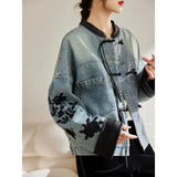 DERMEARNE New Chinese Style Stand Collar Denim Jackets 2024 Spring  Embroidery Coat Women Y2k E-Girl Long Sleeve Loose Tops Mujer