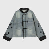 DERMEARNE New Chinese Style Stand Collar Denim Jackets 2024 Spring  Embroidery Coat Women Y2k E-Girl Long Sleeve Loose Tops Mujer