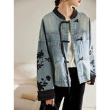 DERMEARNE New Chinese Style Stand Collar Denim Jackets 2024 Spring  Embroidery Coat Women Y2k E-Girl Long Sleeve Loose Tops Mujer