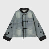 DERMEARNE New Chinese Style Stand Collar Denim Jackets 2024 Spring  Embroidery Coat Women Y2k E-Girl Long Sleeve Loose Tops Mujer