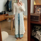 Dermearne New Chinese Style V-neck Split Tops Women 2024 Summer Slim Fit Hollow Out White Cardigan Y2k E-Girl Long Sleeve Blusas Mujer