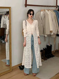 Dermearne New Chinese Style V-neck Split Tops Women 2024 Summer Slim Fit Hollow Out White Cardigan Y2k E-Girl Long Sleeve Blusas Mujer