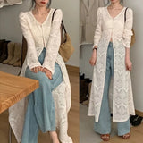 Dermearne New Chinese Style V-neck Split Tops Women 2024 Summer Slim Fit Hollow Out White Cardigan Y2k E-Girl Long Sleeve Blusas Mujer