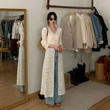 Dermearne New Chinese Style V-neck Split Tops Women 2024 Summer Slim Fit Hollow Out White Cardigan Y2k E-Girl Long Sleeve Blusas Mujer