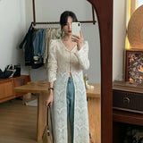 Dermearne New Chinese Style V-neck Split Tops Women 2024 Summer Slim Fit Hollow Out White Cardigan Y2k E-Girl Long Sleeve Blusas Mujer