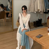Dermearne New Chinese Style V-neck Split Tops Women 2024 Summer Slim Fit Hollow Out White Cardigan Y2k E-Girl Long Sleeve Blusas Mujer