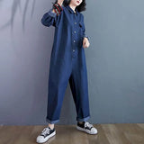 DERMEARNE New Fashion Denim Jumpsuit Suit Women Blue Denim Long Sleeve Playsuits High Waist Large Size Tops Casual One Piece Outfit Women