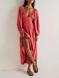 DERMEARNE New Fashion Women Long Dress Long Sleeve Dress V-Neck Lace Patchwork Loose Swing Dress For Party Skin Friendly S-XL