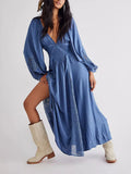 DERMEARNE New Fashion Women Long Dress Long Sleeve Dress V-Neck Lace Patchwork Loose Swing Dress For Party Skin Friendly S-XL