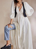 DERMEARNE New Fashion Women Long Dress Long Sleeve Dress V-Neck Lace Patchwork Loose Swing Dress For Party Skin Friendly S-XL
