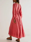 DERMEARNE New Fashion Women Long Dress Long Sleeve Dress V-Neck Lace Patchwork Loose Swing Dress For Party Skin Friendly S-XL