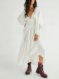 DERMEARNE New Fashion Women Long Dress Long Sleeve Dress V-Neck Lace Patchwork Loose Swing Dress For Party Skin Friendly S-XL