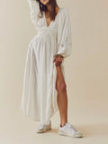 DERMEARNE New Fashion Women Long Dress Long Sleeve Dress V-Neck Lace Patchwork Loose Swing Dress For Party Skin Friendly S-XL