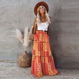 DERMEARNE New Long Skirt Retro Skirt Loose Casual High Waist Skirt Bohemian Style Patchwork Pleated Pocket Skirt