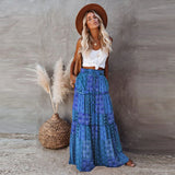 DERMEARNE New Long Skirt Retro Skirt Loose Casual High Waist Skirt Bohemian Style Patchwork Pleated Pocket Skirt