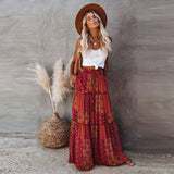 DERMEARNE New Long Skirt Retro Skirt Loose Casual High Waist Skirt Bohemian Style Patchwork Pleated Pocket Skirt