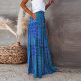 DERMEARNE New Long Skirt Retro Skirt Loose Casual High Waist Skirt Bohemian Style Patchwork Pleated Pocket Skirt
