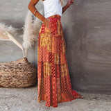 DERMEARNE New Long Skirt Retro Skirt Loose Casual High Waist Skirt Bohemian Style Patchwork Pleated Pocket Skirt