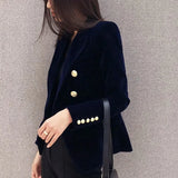 DERMEARNE New Spring Fashion Women Midnight Navy Slim Velvet Blazer Office Lady Double Breasted Suit Jacket Coat Female Party Clothes Gift