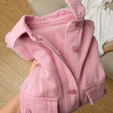 DERMEARNE New Women Pink Jeans Jacket Oversized Korean Style Single Breasted Chic Denim Coats Spring Autumn Cowboy Jackets Outwear