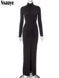 DERMEARNE Nsauye Pullover Turtleneck Long Sleeve Women Fashion Low Waisted Sexy Club Dress Party Elegant Maxi Ruched Dress 2024 Autumn