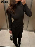 DERMEARNE Nsauye Pullover Turtleneck Long Sleeve Women Fashion Low Waisted Sexy Club Dress Party Elegant Maxi Ruched Dress 2024 Autumn