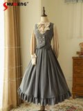 DERMEARNE Original Classical Lolita Ruffles Vest and Striped Long Skirt 2024 Fall New Elegant Long Sleeve Bow Single Breasted Shirt Women