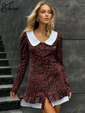 DERMEARNE Oymimi Elegant Black Patchwork Dresses For Women Fashion Long Sleeve Flowers Print Dress Casual Straight Slit Mini Dress Female