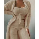 DERMEARNE Pajama Woman Winter Plus Size S-3XL Fluffy Pajamas Set for Women Casual Solid Sleepwear 3 Pieces Suit Long Pants Homewear Pijama