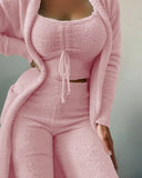 DERMEARNE Pajama Woman Winter Plus Size S-3XL Fluffy Pajamas Set for Women Casual Solid Sleepwear 3 Pieces Suit Long Pants Homewear Pijama