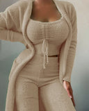 DERMEARNE Pajama Woman Winter Plus Size S-3XL Fluffy Pajamas Set for Women Casual Solid Sleepwear 3 Pieces Suit Long Pants Homewear Pijama