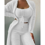 DERMEARNE Pajama Woman Winter Plus Size S-3XL Fluffy Pajamas Set for Women Casual Solid Sleepwear 3 Pieces Suit Long Pants Homewear Pijama